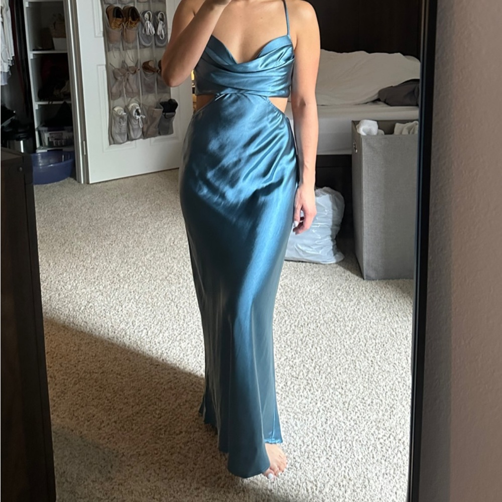 Astr The Label blue college satin cutout midi dress